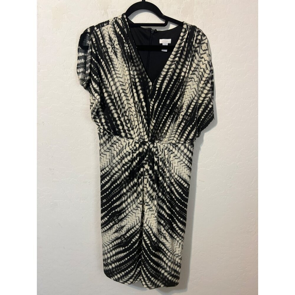 Chico's Sz 1 ( US M 8) Black White Printed Tie Dye Short Sleeve Knee Length Gath